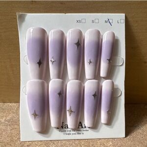 Purple Ombre Press On Nails Long Coffin Silver Star Sparkle Size‎ Medium